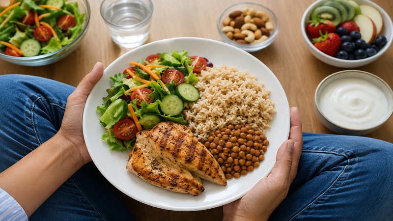JalbiteHealth Guides healthy meal with grilled chicken, rice, lentils, vegetables, fruit, and yogurt