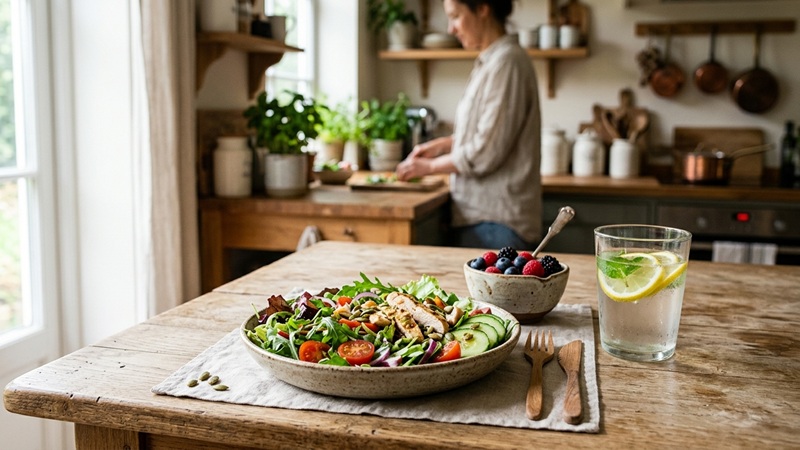 JalbiteHealth advice from justalittlebite featuring a fresh healthy salad, berries, and lemon water in a home kitchen.