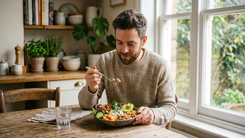 By Justalittlebite JalbiteHealth Guides showing a man enjoying a healthy, balanced meal at home