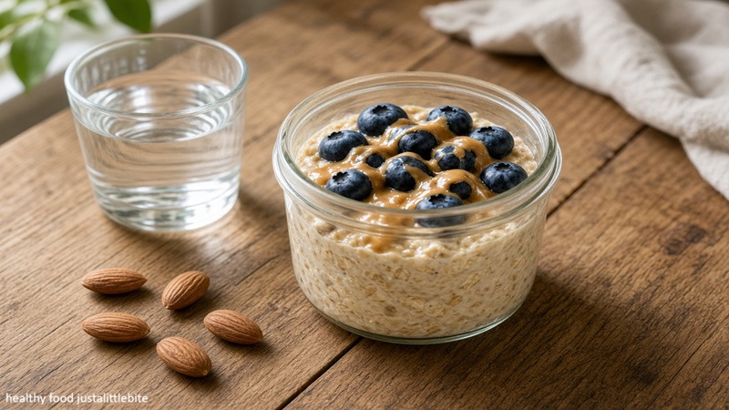 Healthy food justalittlebite overnight oats topped with blueberries and almond butter in a glass jar, served with a glass of water and raw almonds on a wooden table