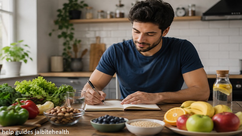 Help guides JalbiteHealth featuring a man planning healthy meals with fresh vegetables, fruits, and nutritious foods.