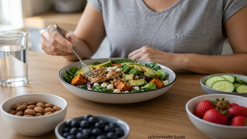 JalbiteHealth Guide showing a balanced healthy meal with fresh vegetables, lean protein, whole grains, fruits, and water