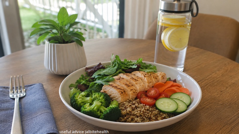 Useful Advice JalbiteHealth healthy meal with grilled chicken, quinoa, fresh vegetables, and lemon water for balanced daily nutrition.