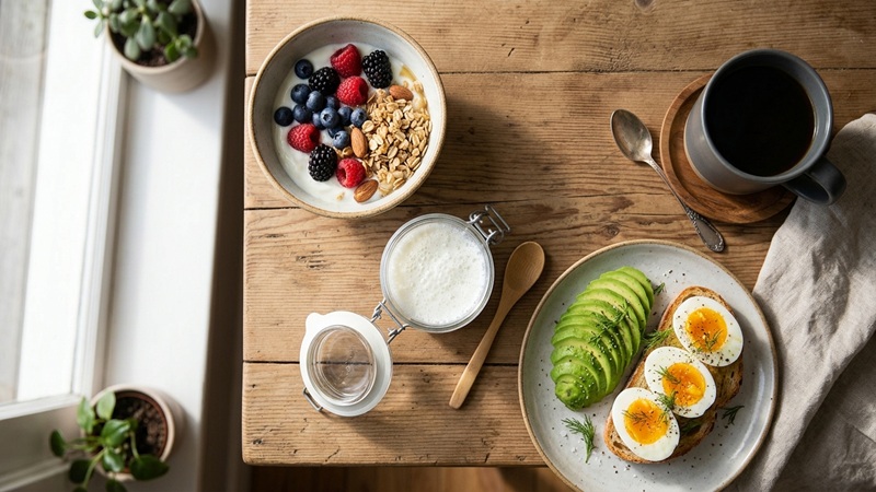 A wooden table set with a healthy breakfast spread, a look from justalittlebite food trends jalbiteblog featuring a grain bowl with roasted sweet potatoes and chickpeas, a poached egg toast plate, mixed greens, mixed nuts, fresh berries with granola, and a glass of beet juice near a sunlit window.