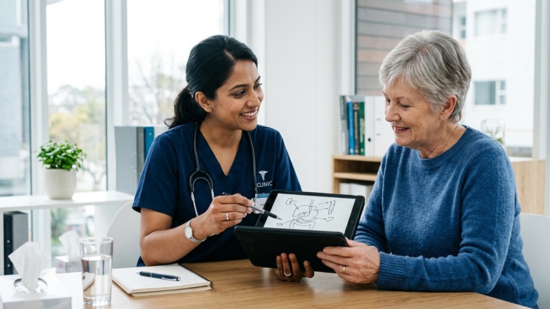 Healthcare professional explaining a simple diagram on a tablet to an older patient in a bright clinic