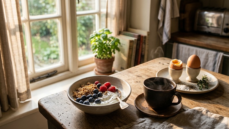 The JalbiteBlog food trends by JustALittleBite featuring a healthy breakfast with yogurt, berries, nuts, and eggs