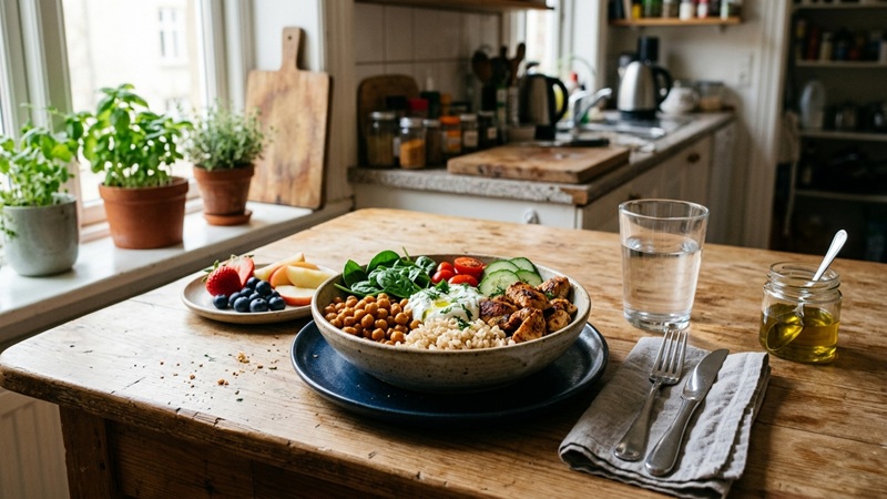Balanced bowl with chickpeas, grilled chicken, rice, greens, and cucumber on a rustic kitchen table, a food jalbiteblog trend justalittlebite meal idea