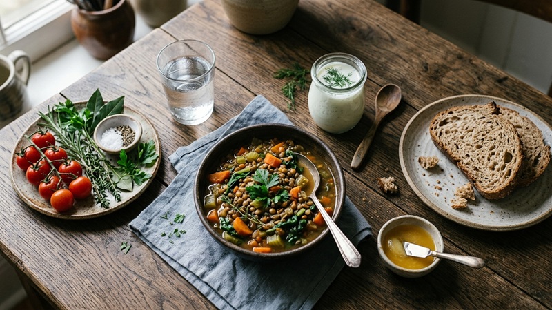 JalbiteBlog food trend from JustALittleBite featuring a healthy lentil meal with vegetables, yogurt, herbs, and whole-grain bread.