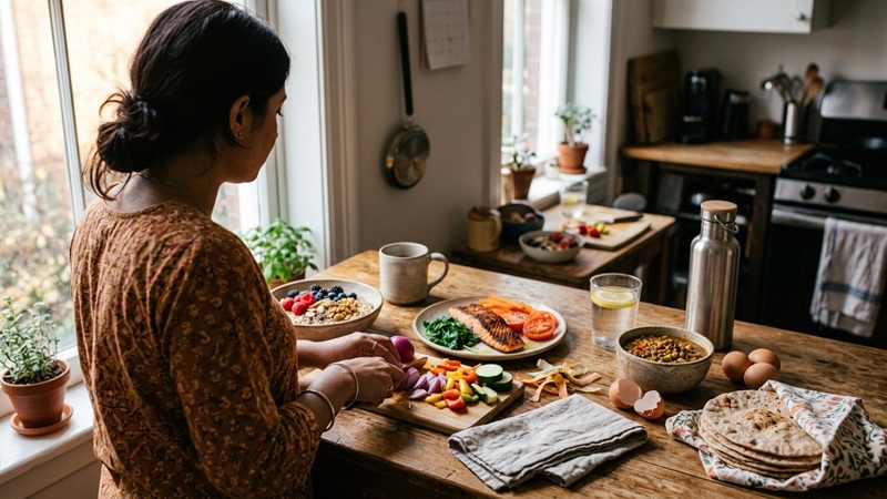 Woman meal prepping healthy foods in a sunlit home kitchen, a JalbiteBlog healthy eating tip