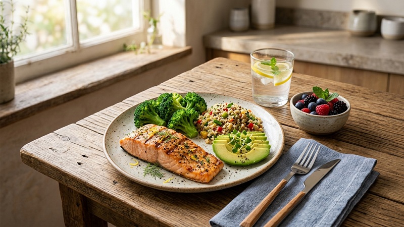 JalbiteHealth Guide by JustALittleBite featuring a healthy salmon meal with broccoli, quinoa, avocado, berries, and lemon water