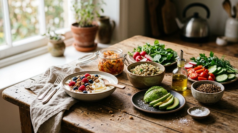 Rustic wooden table with yogurt and berries, kimchi, quinoa, avocado, lentils, and fresh vegetables, showcasing food trends jalbiteblog readers can try