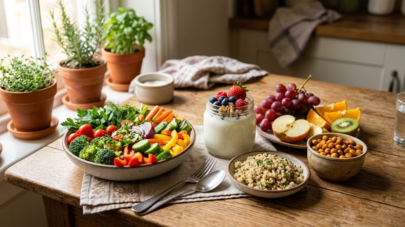 Fresh vegetable bowl, yogurt jar with berries, quinoa, roasted chickpeas, and fruit on a rustic table, inspired by food jalbiteblog
