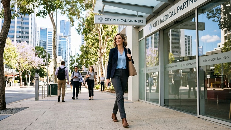 A professional woman smiling while walking out of a modern city medical clinic onto a sunny Brisbane street during her lunch break.