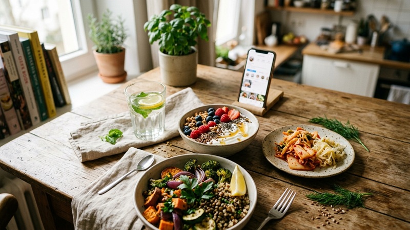 Rustic kitchen table with a yogurt berry bowl, lentil and roasted vegetable bowl, kimchi plate, lemon water, and a phone showing a food feed, representing online food trends jalbiteblog