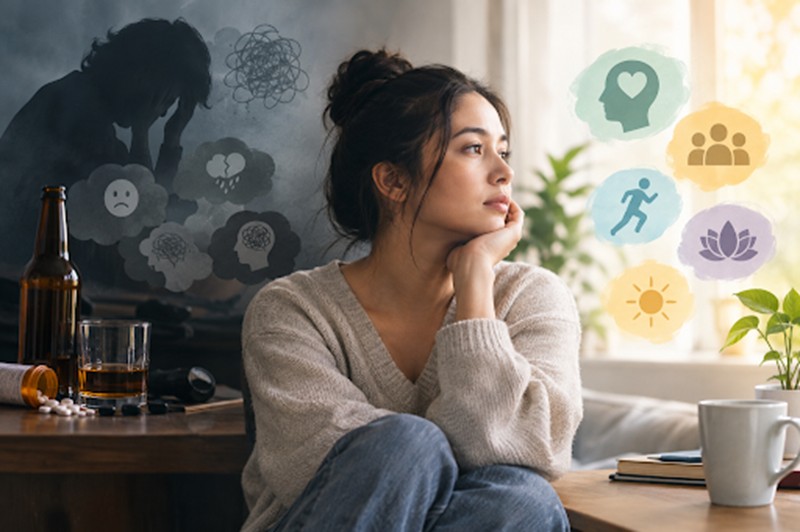 Woman reflecting on addiction, emotional well-being, and healthy coping strategies.